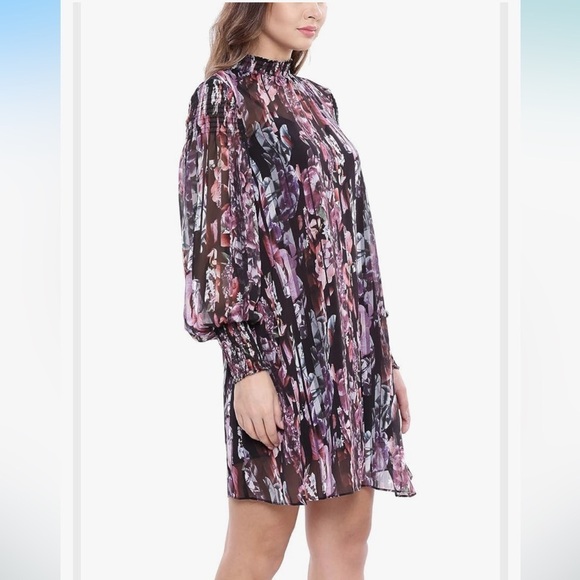 BEBE SHEER OVERLAY BLACK SLIP DRESS FLORAL PRINT BALLOON SLEEVES SIZE SMALL NWT - Picture 2 of 12